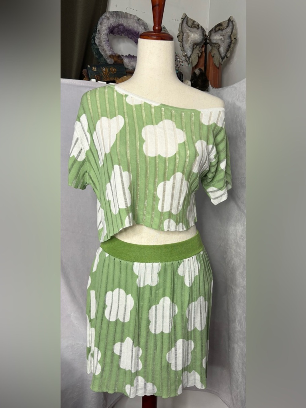 Mood NYC Cloud Knit Set Oblique Shoulder Top & A-Line Skirt Green M NWT